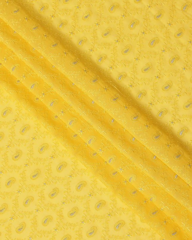 Yellow Self Embroidered Paisley Motif Viscose Cotton Fabric 110 Cms India-D27020