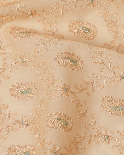 Peach Self Embroidered Paisley Motif Viscose Cotton Fabric 110 Cms India-D27023 - Regal Fabrics