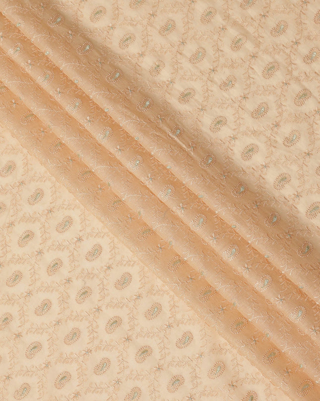 Peach Self Embroidered Paisley Motif Viscose Cotton Fabric 110 Cms India-D27023