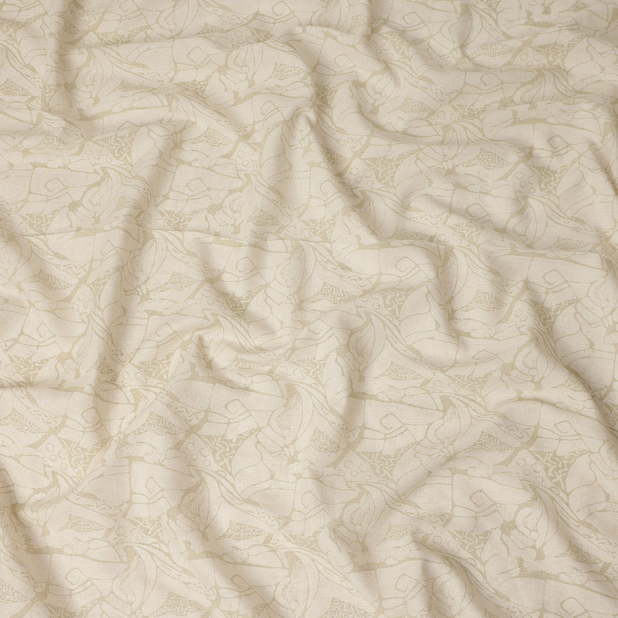 Beige Minimal Abstract Artistic Line Print Blended Linen Fabric, Contemporary Soft Sketch Pattern Linen Blend Material for Apparel Sewing Dressmaking Craft Fabric, 140 Cms Width, Made In India-D28449