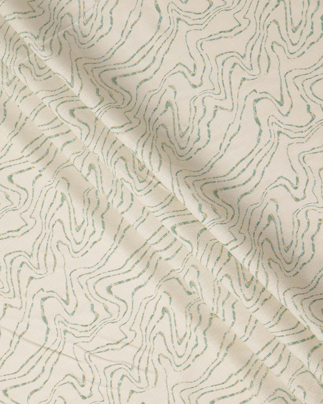 Cream Green Abstract Wavy Line Print Blended Linen Fabric, Modern Flowing Marble Wave Pattern Linen Blend Material for Apparel Sewing Dressmaking Craft Textile, 140 Cms Width, Made In India-D28445