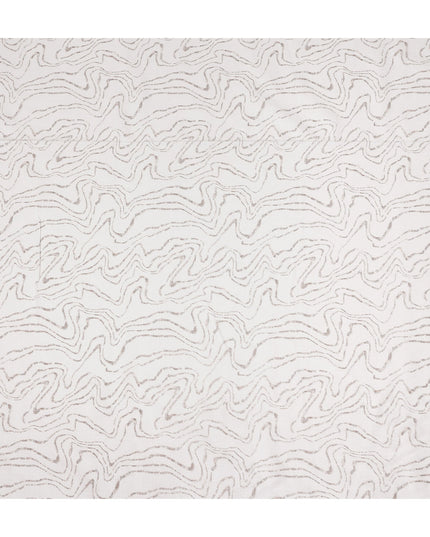 White Beige Abstract Wavy Line Print Blended Linen Fabric, Contemporary Flowing Marble Wave Pattern Linen Blend Textile for Apparel Sewing Dressmaking Craft Fabric, 140 Cms Width, Made In India-D28444