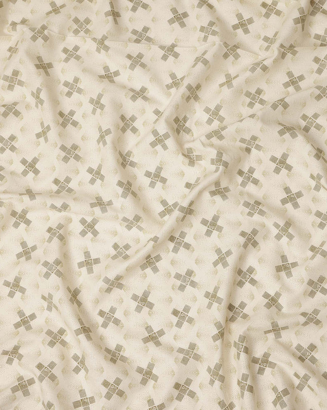 Cream Olive Geometric Cross Printed Blended Linen Fabric Soft Breathable Lightweight Linen Blend Cloth for Apparel Sewing Craft Dressmaking Material 150 Cms Width Premium Quality Indian Origin Fabric-D28487