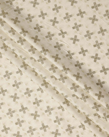Cream Olive Geometric Cross Printed Blended Linen Fabric Soft Breathable Lightweight Linen Blend Cloth for Apparel Sewing Craft Dressmaking Material 150 Cms Width Premium Quality Indian Origin Fabric-D28487 - Regal Fabrics