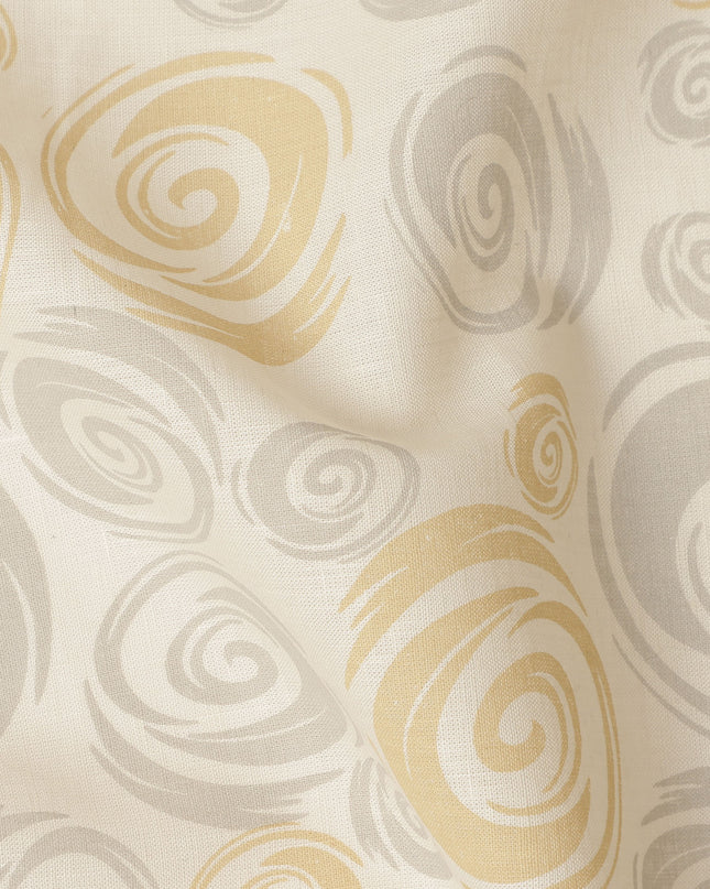 Cream Grey Mustard Abstract Spiral Printed Blended Linen Fabric Soft Breathable Lightweight Linen Blend Cloth for Apparel Sewing Craft Dressmaking Material 150 Cms Width Premium Quality Indian Origin Fabric-D28485