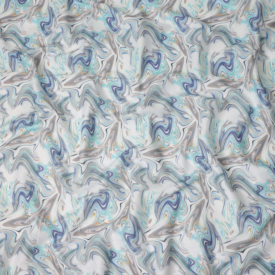 White Blue Abstract Marble Swirl Print Pure Linen Fabric, Modern Fluid Wave Pattern Printed Linen Material for Apparel Sewing Dressmaking Craft Textile, 140 Cms Width, Made In India-D28434