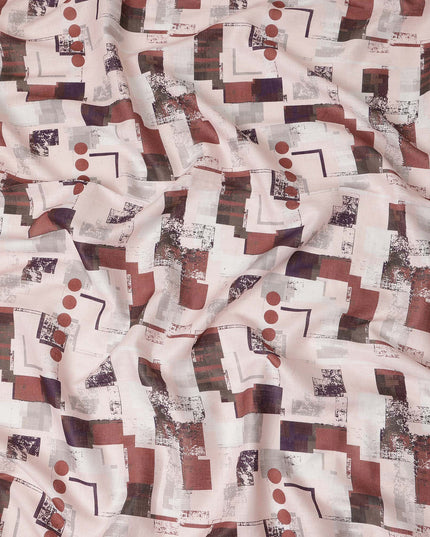 Cream Brown Abstract Geometric Modern Print Pure Linen Fabric, Artistic Contemporary Block Pattern Printed Linen Material for Apparel Sewing Dressmaking Craft Textile, 140 Cms Width, Made In India-D28433