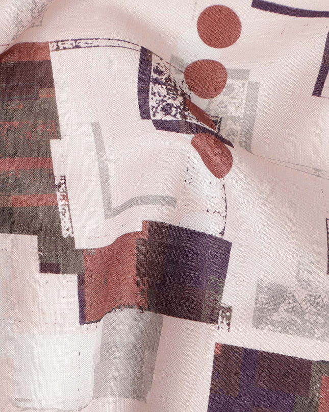 Cream Brown Abstract Geometric Modern Print Pure Linen Fabric, Artistic Contemporary Block Pattern Printed Linen Material for Apparel Sewing Dressmaking Craft Textile, 140 Cms Width, Made In India-D28433
