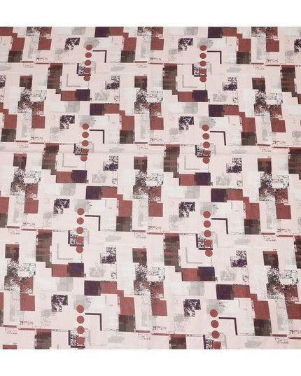Cream Brown Abstract Geometric Modern Print Pure Linen Fabric, Artistic Contemporary Block Pattern Printed Linen Material for Apparel Sewing Dressmaking Craft Textile, 140 Cms Width, Made In India-D28433