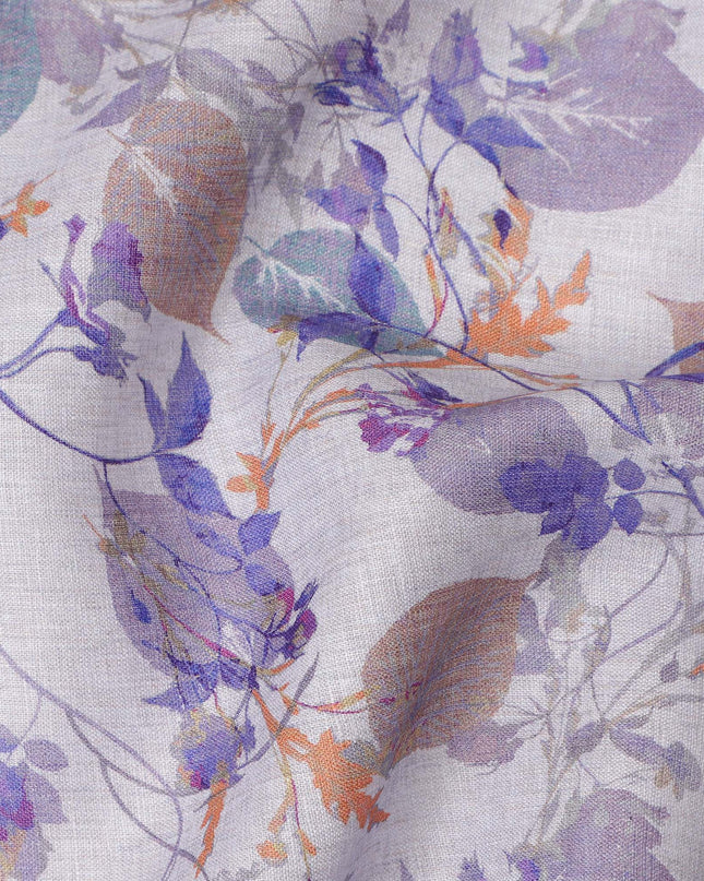 Light Grey Purple Botanical Floral Vine Print Pure Linen Fabric, Elegant Nature Inspired Delicate Flower Printed Linen Material for Apparel Sewing Dressmaking Craft Textile, 140 Cms Width, Made In India-D28440