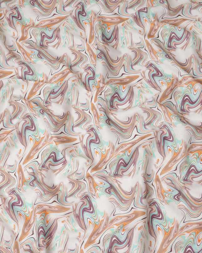 White Multicolor Abstract Marble Swirl Print Pure Linen Fabric, Artistic Fluid Wave Pattern Printed Linen Material for Apparel Sewing Dressmaking Craft Textile, 140 Cms Width, Made In India-D28435