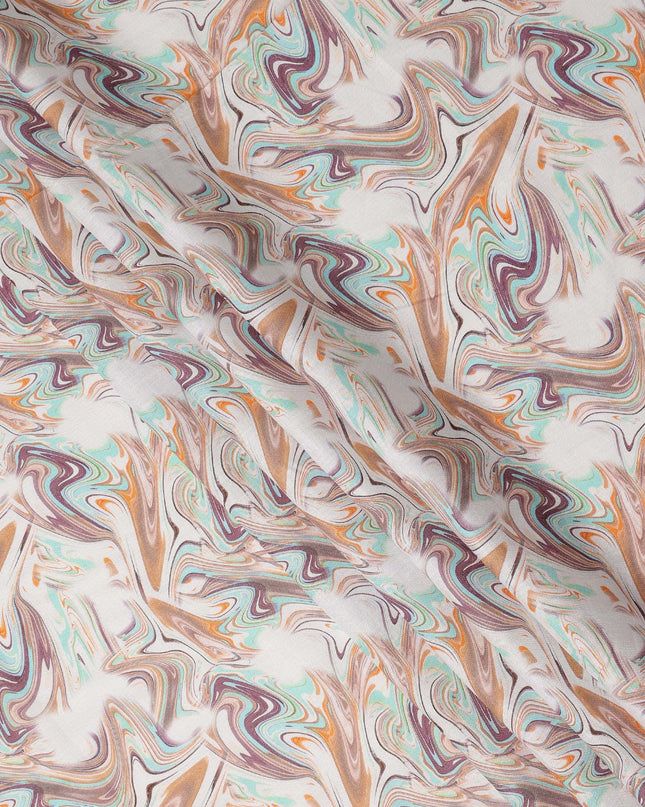 White Multicolor Abstract Marble Swirl Print Pure Linen Fabric, Artistic Fluid Wave Pattern Printed Linen Material for Apparel Sewing Dressmaking Craft Textile, 140 Cms Width, Made In India-D28435