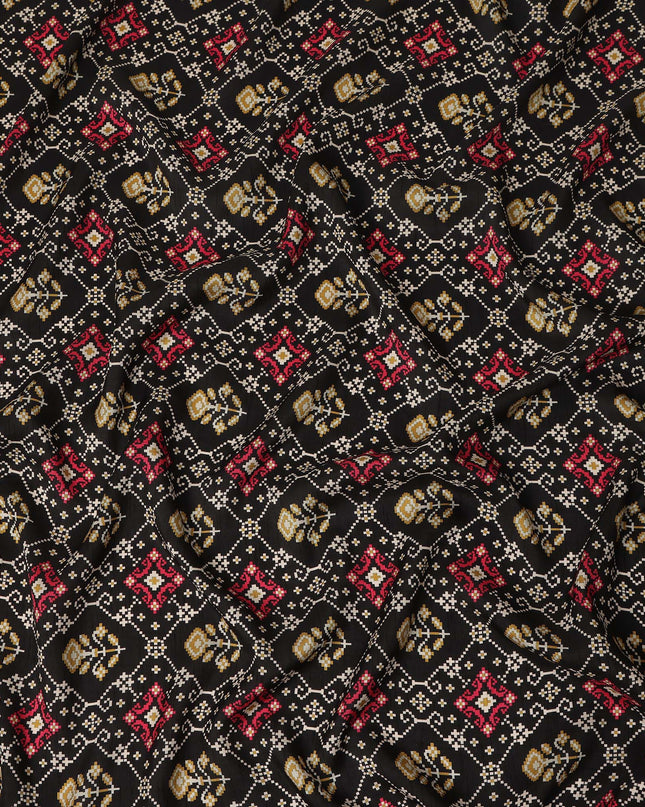 Black Geometric Motif Printed Viscose Fabric 110 Cms Made In India-D27383
