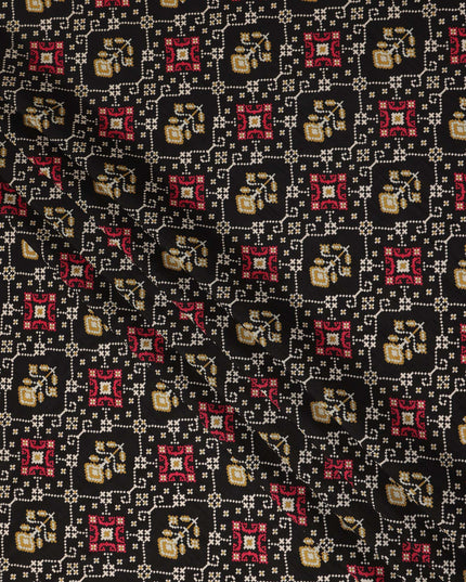 Black Ethnic Geometric Diamond Printed Blended Cotton Linen Fabric Traditional Lattice Motif Pattern Natural Textured Dressmaking Craft Fabric 110 Cms Width Made In India-D28353