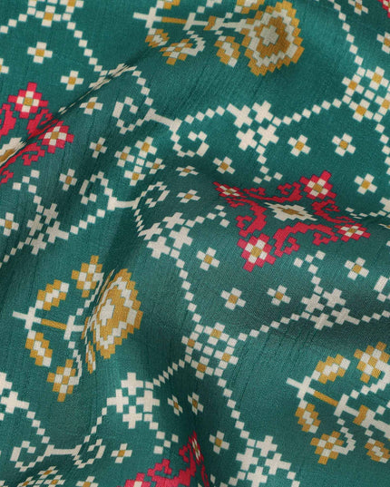 Teal Green Traditional Geometric Diamond Printed Blended Cotton Linen Fabric Ethnic Lattice Motif Pattern Natural Textured Dressmaking Fabric 110 Cms Width Made In India-D28349