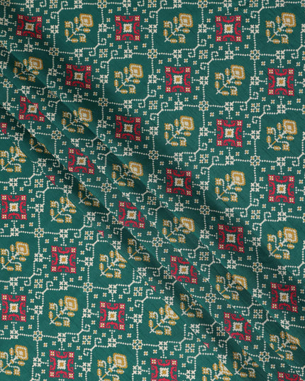 Teal Green Traditional Geometric Diamond Printed Blended Cotton Linen Fabric Ethnic Lattice Motif Pattern Natural Textured Dressmaking Fabric 110 Cms Width Made In India-D28349