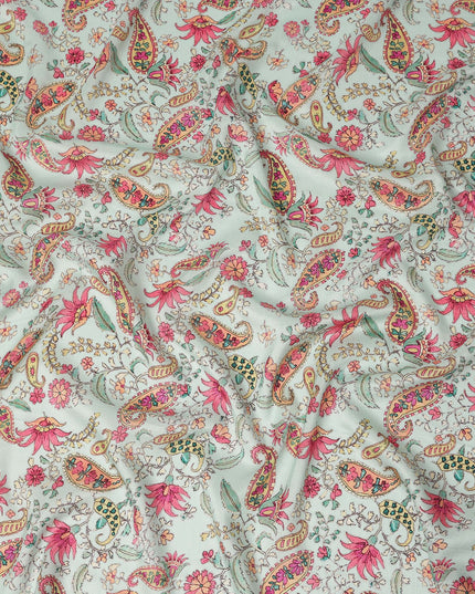 Mint Green Paisley Floral Printed Viscose Fabric Raw Silk Finish Soft Ethnic Dress Material 110 Cms India-D27327