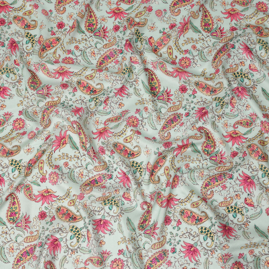 Mint Green Paisley Floral Printed Viscose Fabric Raw Silk Finish Soft Ethnic Dress Material 110 Cms India-D27327
