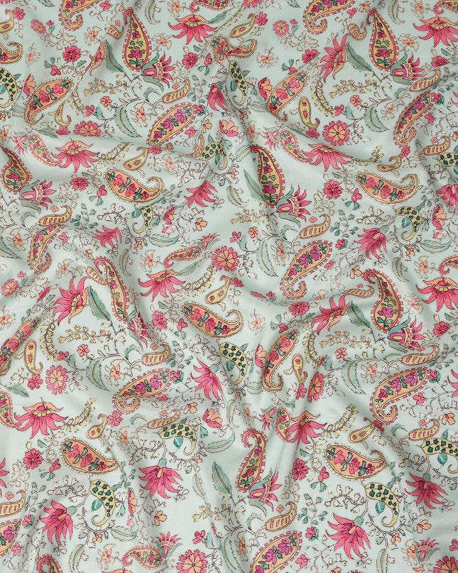 Mint Green Floral Paisley Printed Viscose Fabric 110 Cms Made In India-D27382