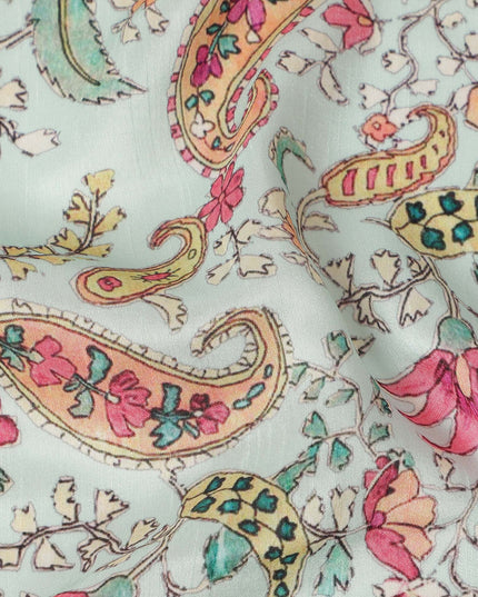 Mint Green Paisley Floral Printed Viscose Fabric Raw Silk Finish Soft Ethnic Dress Material 110 Cms India-D27327
