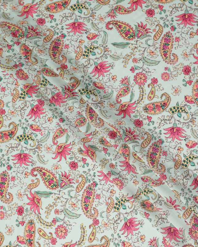 Mint Green Floral Paisley Printed Viscose Fabric 110 Cms Made In India-D27382