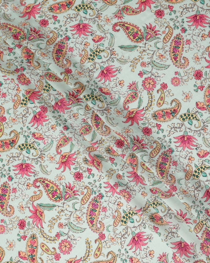 Mint Green Paisley Floral Printed Viscose Fabric Raw Silk Finish Soft Ethnic Dress Material 110 Cms India-D27327