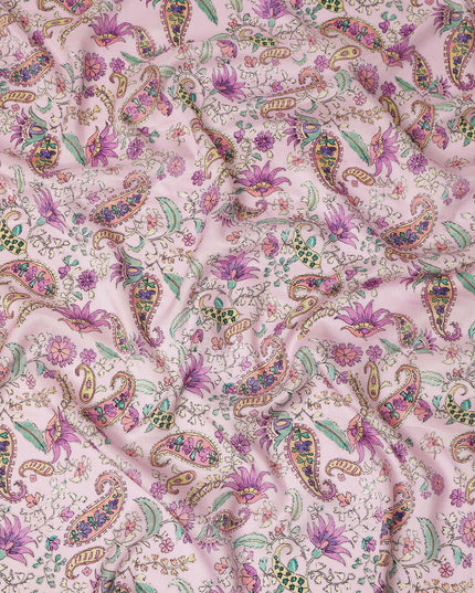 Light Pink Paisley Floral Printed Blended Cotton Linen Fabric Traditional Ethnic Botanical Motif Pattern Natural Textured Dressmaking Craft Fabric 110 Cms Width Made In India-D28352