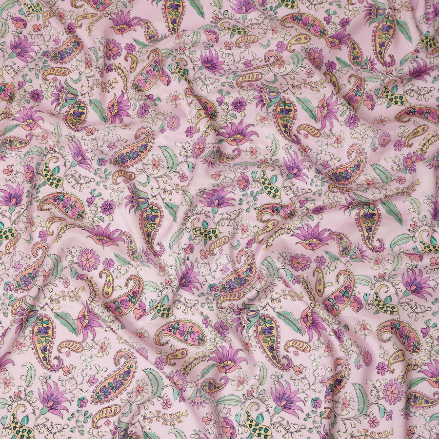 Light Pink Paisley Floral Printed Blended Cotton Linen Fabric Traditional Ethnic Botanical Motif Pattern Natural Textured Dressmaking Craft Fabric 110 Cms Width Made In India-D28352