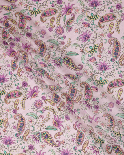 Light Pink Paisley Floral Printed Blended Cotton Linen Fabric Traditional Ethnic Botanical Motif Pattern Natural Textured Dressmaking Craft Fabric 110 Cms Width Made In India-D28352