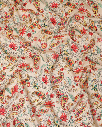 Cream Red Floral Paisley Printed Viscose Fabric 110 Cms Made In India-D27379