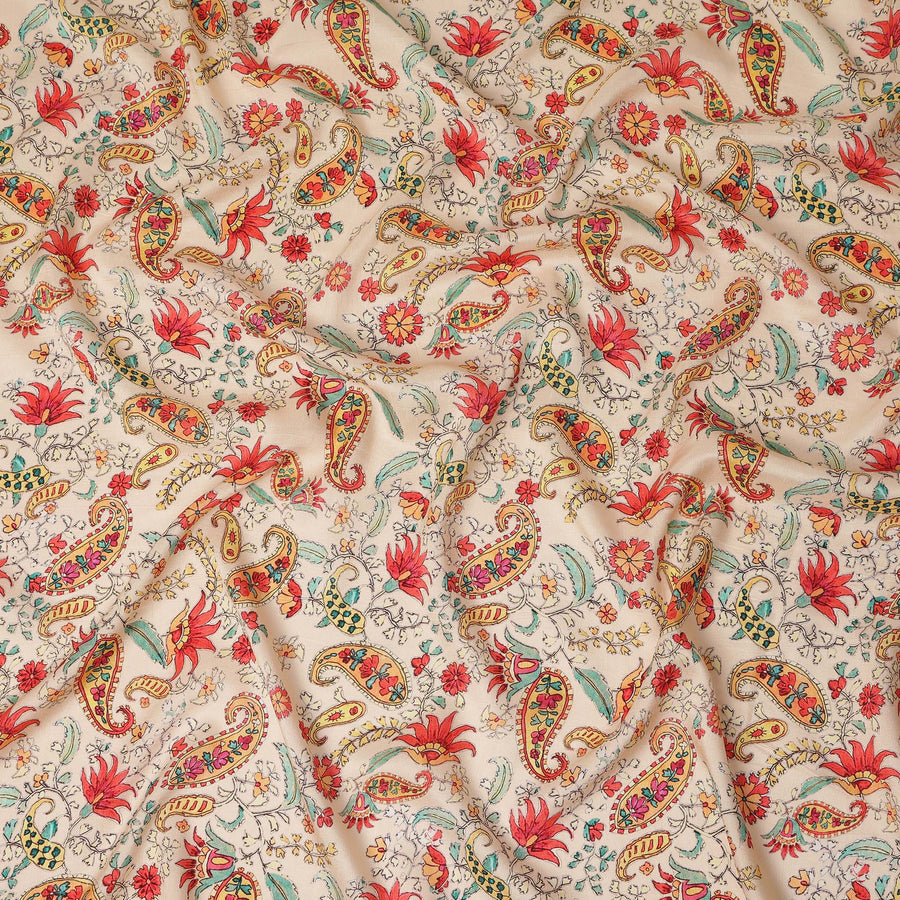Cream Red Floral Paisley Printed Viscose Fabric 110 Cms Made In India-D27379