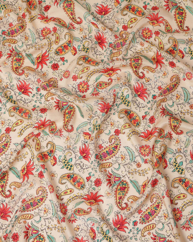 Beige Paisley Floral Printed Viscose Fabric Raw Silk Finish Soft Elegant Dress Material 110 Cms India-D27326 Regal Fabrics