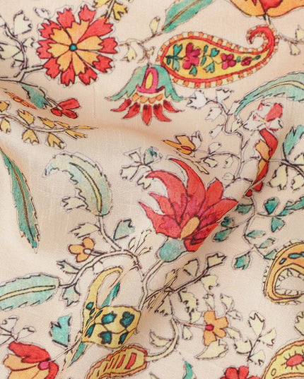 Beige Paisley Floral Printed Blended Cotton Linen Fabric Traditional Ethnic Botanical Motif Pattern Natural Textured Dressmaking Craft Fabric 110 Cms Width Made In India-D28351
