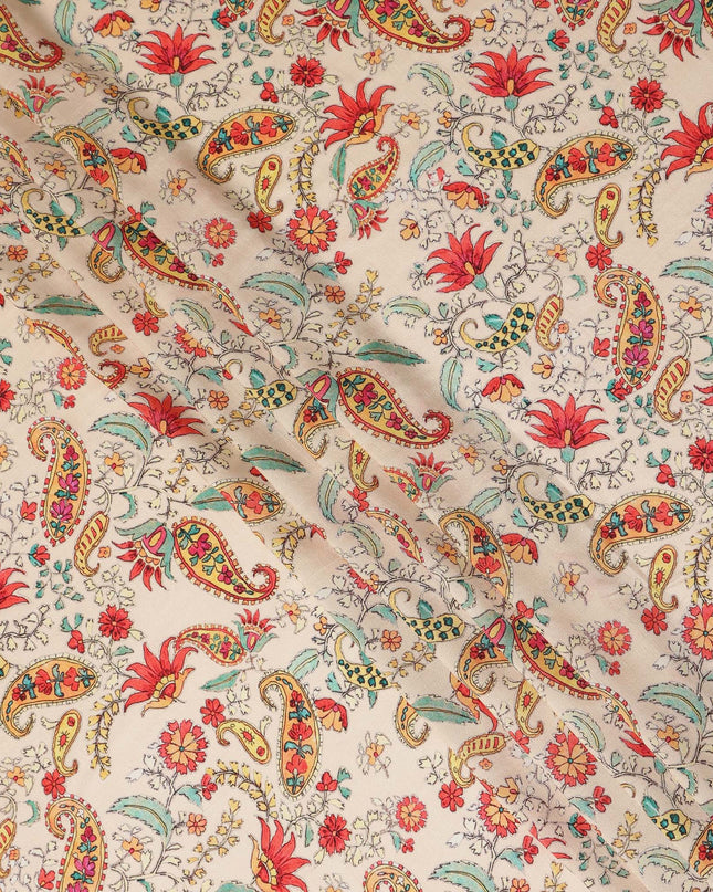Beige Paisley Floral Printed Viscose Fabric Raw Silk Finish Soft Elegant Dress Material 110 Cms India-D27326 Regal Fabrics