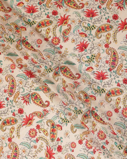 Cream Red Floral Paisley Printed Viscose Fabric 110 Cms Made In India-D27379