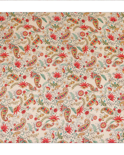 Beige Paisley Floral Printed Blended Cotton Linen Fabric Traditional Ethnic Botanical Motif Pattern Natural Textured Dressmaking Craft Fabric 110 Cms Width Made In India-D28351