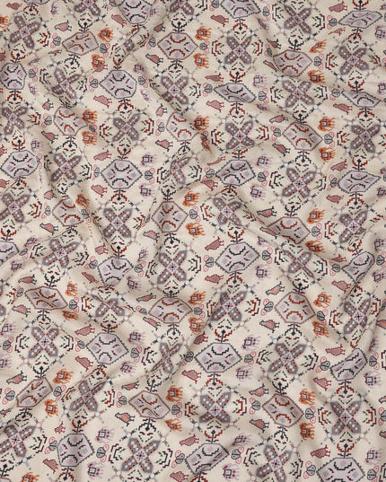Cream Ethnic Geometric Printed Viscose Fabric 110 Cms Made In India-D27381