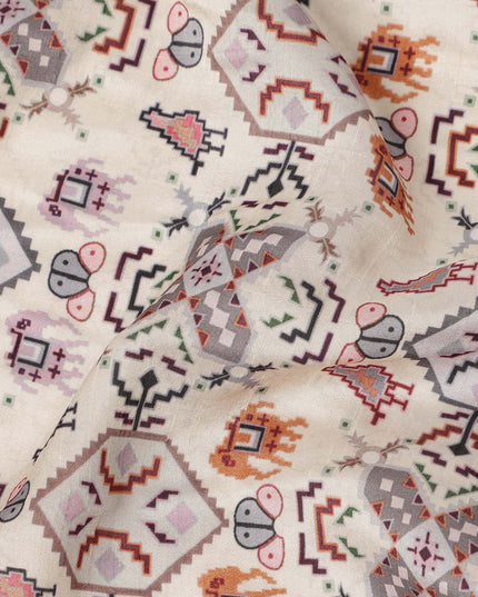 Cream Ethnic Geometric Printed Viscose Fabric 110 Cms Made In India-D27381