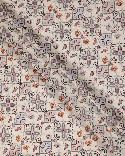 Cream Ethnic Geometric Printed Viscose Fabric 110 Cms Made In India-D27381