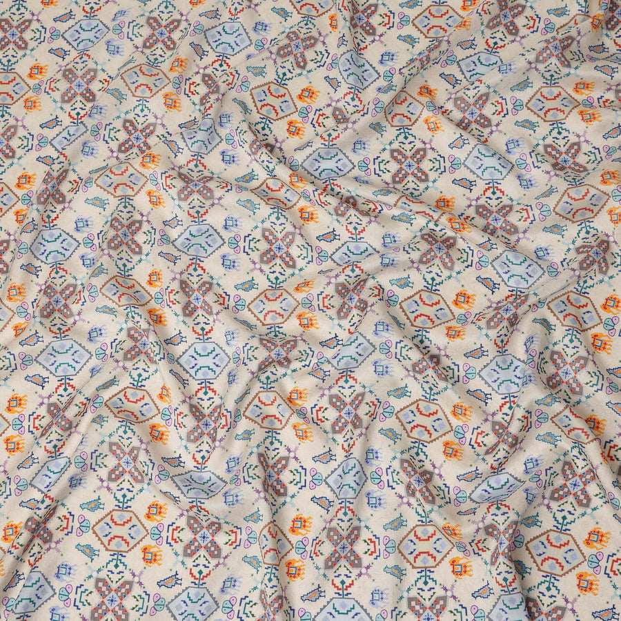 Cream Ethnic Geometric Tribal Printed Blended Cotton Linen Fabric Traditional Diamond Motif Pattern Natural Texture Dressmaking Craft Fabric 110 Cms Width Made In India-D28350
