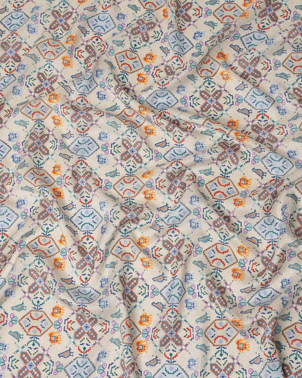 Cream Multicolor Geometric Printed Viscose Fabric 110 Cms Made In India-D27378