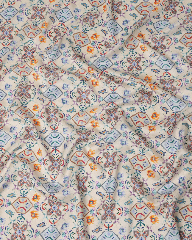 Cream Multicolor Geometric Printed Viscose Fabric 110 Cms Made In India-D27378