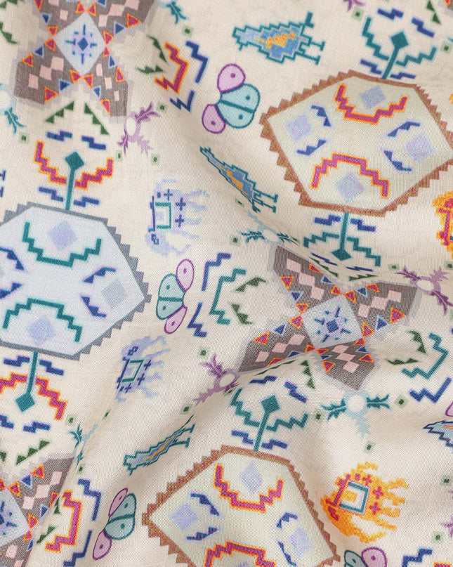 Cream Multicolor Geometric Printed Viscose Fabric 110 Cms Made In India-D27378