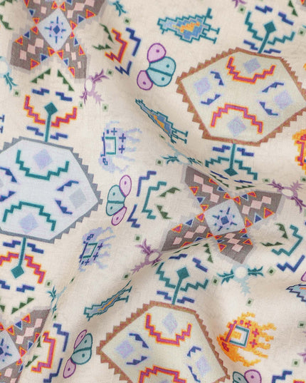 Cream Ethnic Geometric Tribal Printed Blended Cotton Linen Fabric Traditional Diamond Motif Pattern Natural Texture Dressmaking Craft Fabric 110 Cms Width Made In India-D28350