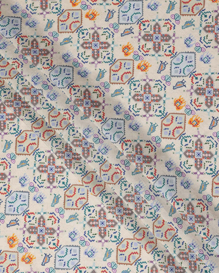 Cream Ethnic Geometric Tribal Printed Blended Cotton Linen Fabric Traditional Diamond Motif Pattern Natural Texture Dressmaking Craft Fabric 110 Cms Width Made In India-D28350