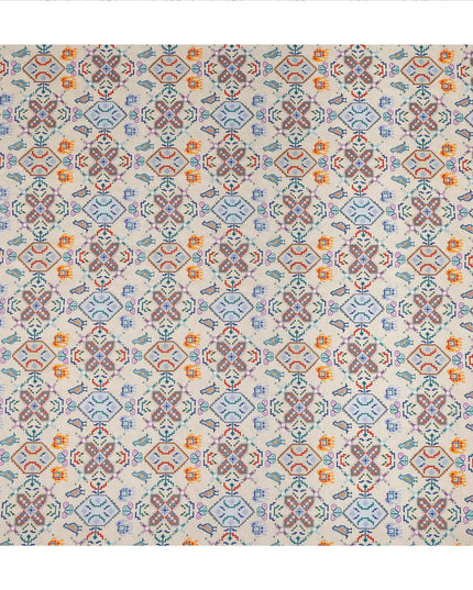 Cream Ethnic Geometric Tribal Printed Blended Cotton Linen Fabric Traditional Diamond Motif Pattern Natural Texture Dressmaking Craft Fabric 110 Cms Width Made In India-D28350