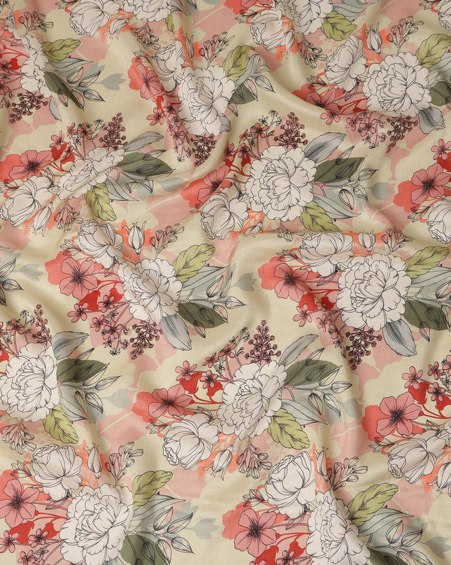 Cream Peach Floral Line Art Printed Viscose Crepe Fabric 110 Cms Width Made in India-D27572