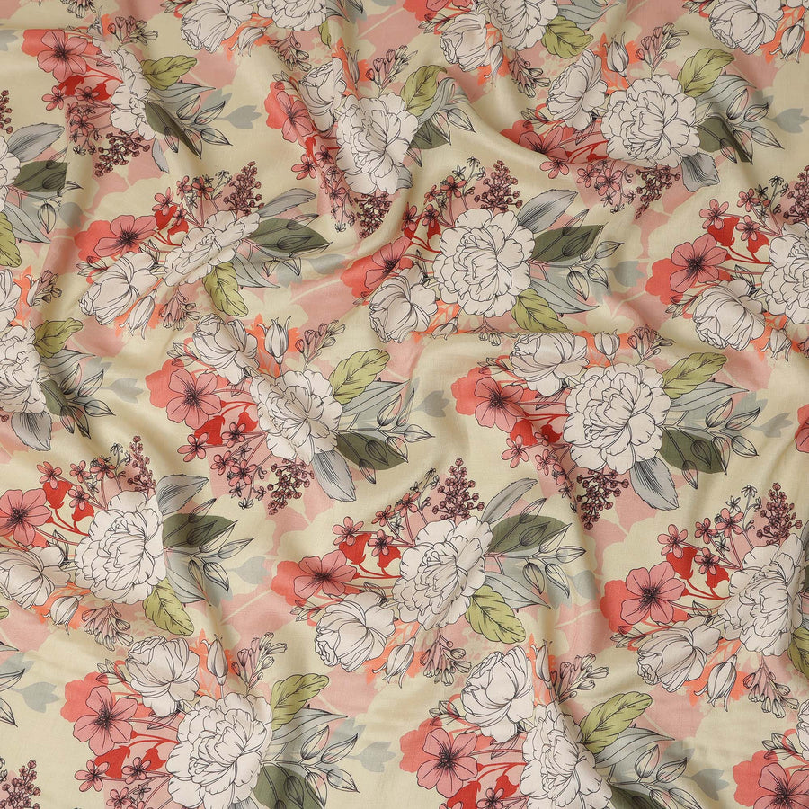 Cream Peach Floral Line Art Printed Viscose Crepe Fabric 110 Cms Width Made in India-D27572