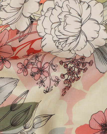 Cream Peach Floral Line Art Printed Viscose Crepe Fabric 110 Cms Width Made in India-D27572
