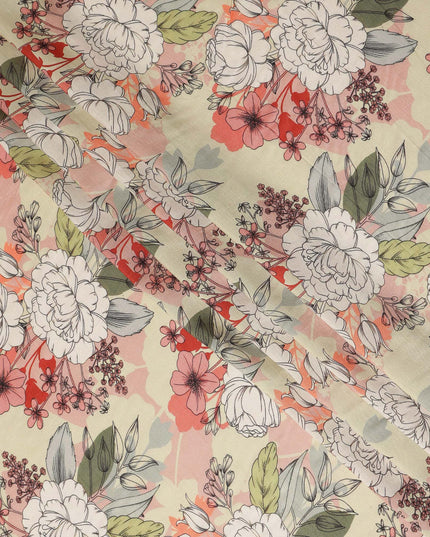 Cream Peach Floral Line Art Printed Viscose Crepe Fabric 110 Cms Width Made in India-D27572